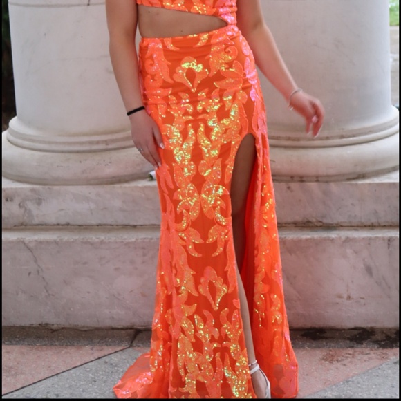 Helly Moon Sparkly Orange Sequin One Shoulder Long Prom Dress with Slit - Picture 4 of 6